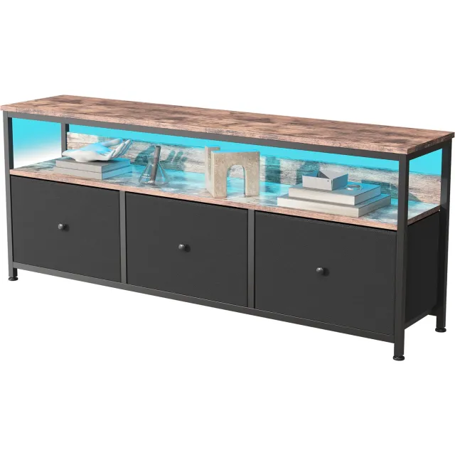 Yelenaro TV Meubel, Vintage TV Kast met LED Verlichting, metalen frame, 3 Stoffen Lades, Industrieel Dressoir, opbergkast, 108x30x57cm, Zwart