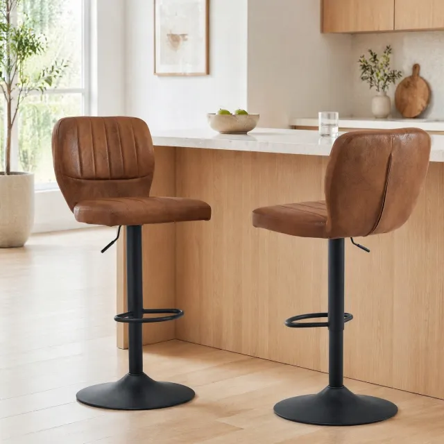MODENUIT Barkruk 62-83 cm - 360° Draaibaar Met Rugleuning - Voor Keuken En Bar - Kunstleer - Bruin Zwart