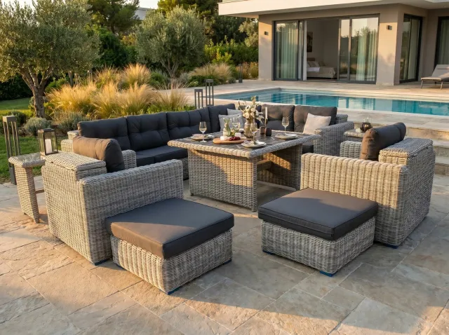 Vonato Loungeset 11-delig | Lichtgrijs Rond Wicker & Donkergrijze Kussens | Opbergvak | Aluminium Frame | incl. Tafels & Ottomans Lichtgrijs/Donkergrijs