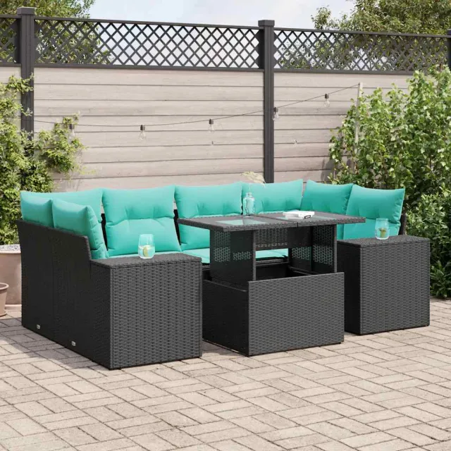 vidaXL 7-delige Loungeset met kussens poly rattan acacia zwart, foto 2