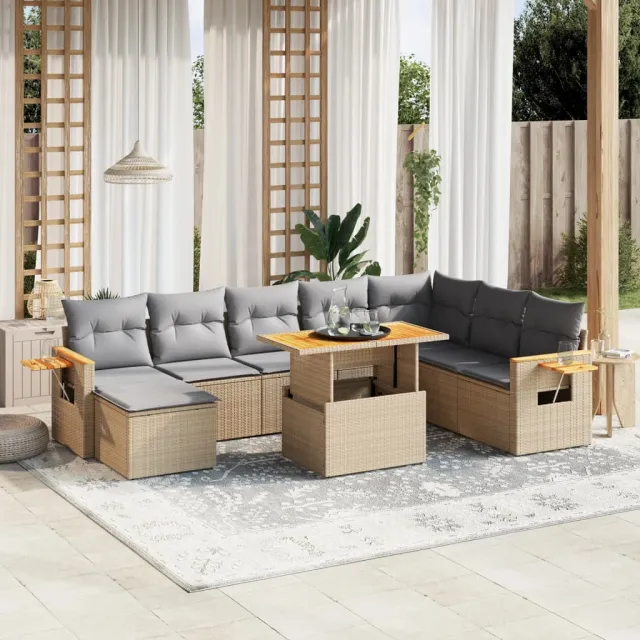 vidaXL 9-delige Loungeset met kussens poly rattan beige, foto 2