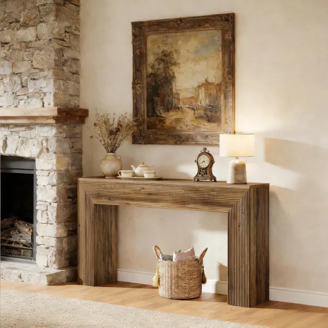 COVREO Sidetable 160 x 30 x 85 cm, bruin, van MDF met geribbelde details