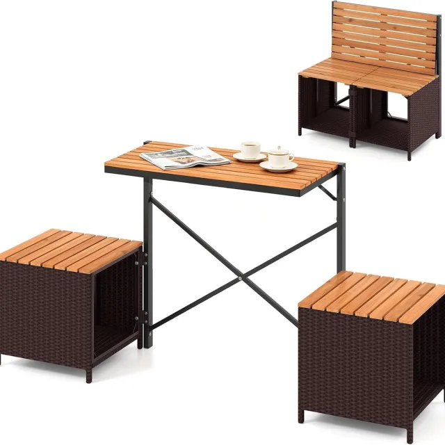 Costway 2-in-1 tuinbank, converteerbare picknicktafel en zitbank (bruin) | Balkonset, balkonmeubels, klein balkon, zitgroep, zitset voor tuin, terras
