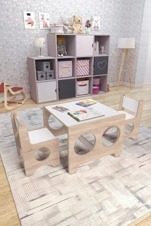 Zeo Wood Kindertafel en 2 Stoeltjes - Speeltafel - Kinderburaeu - Kindertafel met 2 Stoeltjes - Montessori Kindertafel - Peuter Tafel en 2 Stoeltjes Bruin