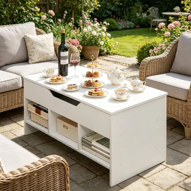 WUVRIE Salontafel 96 cm - Lift-top met opbergruimte en 3 open vakken - Wit