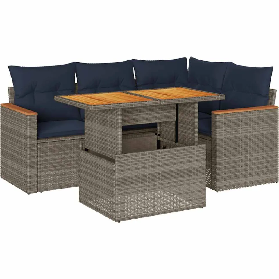 vidaXL 5-delige Loungeset met kussens poly rattan grijs, foto 3