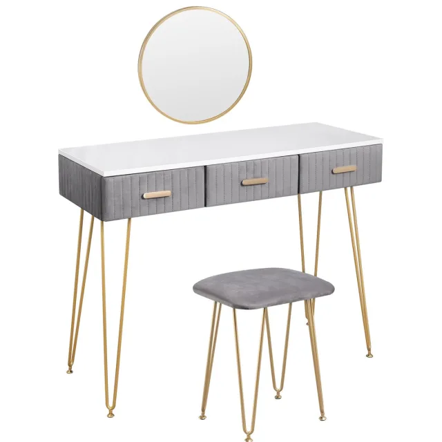 KAMYRA Make Up Tafel met Kruk & Spiegel - Kaptafel, Toilettafel, Bureau - Comfortabel, stevig en veel opslagruimte - Grijs