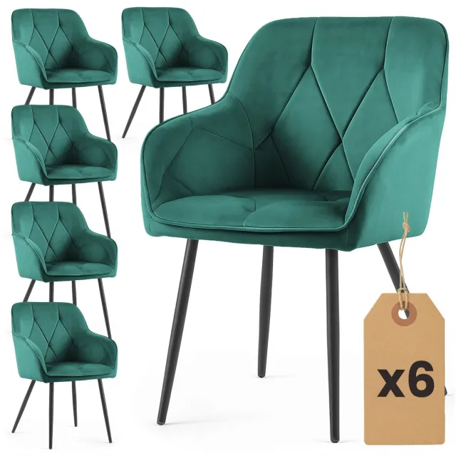 Akord Set van 6 Eetkamerstoelen DIAMANTE met Armleuningen / Gestoffeerde Stoelen / Fluwelen Stoelen en Metalen Poten / Flesgroen met zwarte benen