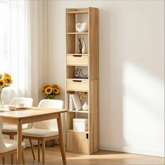 MODFU Boekenkast-Opbergrek-Hoge Smalle Kast-Licht Eiken