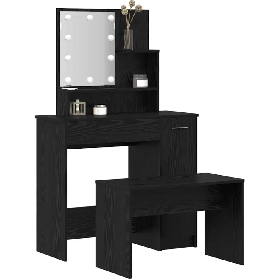 vidaXL LED Make-up Tafel Set 2 st Zwart Eiken 86,5 x 35 x 136 cm