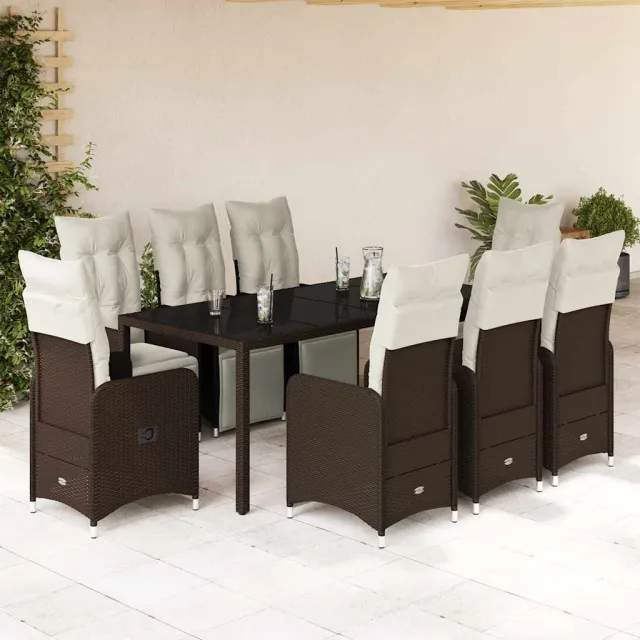 vidaXL 9-delige Bistroset met kussens poly rattan bruin