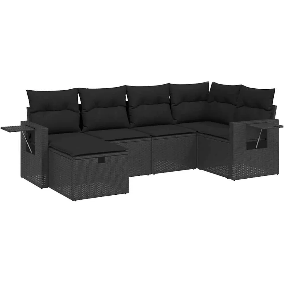 vidaXL 6-delige Loungeset met kussens poly rattan zwart, foto 3