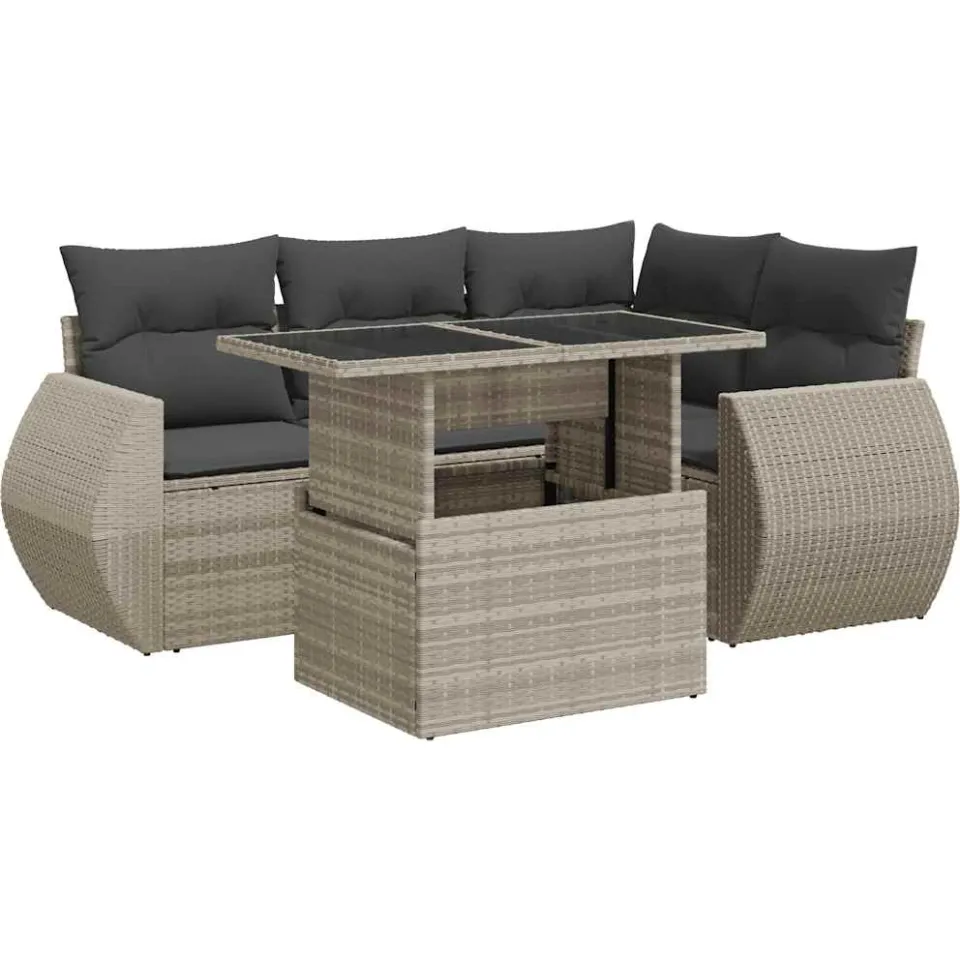 vidaXL 5-delige Loungeset met kussens poly rattan lichtgrijs grijs, foto 3