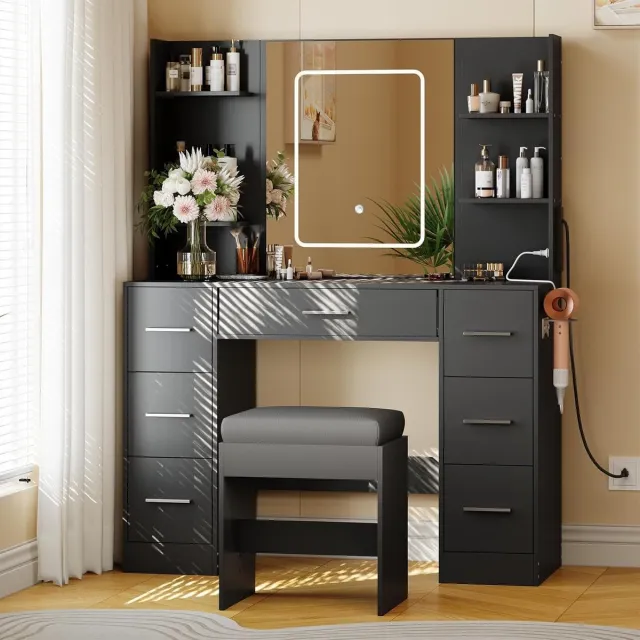 HOERFURIY Moderne zwarte Kaptafel met LED Spiegel - Make-up Tafel met 7 Laden, USB Poort en Föhnhouder - Inclusief Krukje - Compact Design