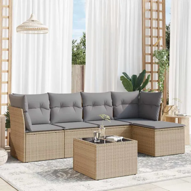 vidaXL 6-delige Loungeset met kussens poly rattan beige