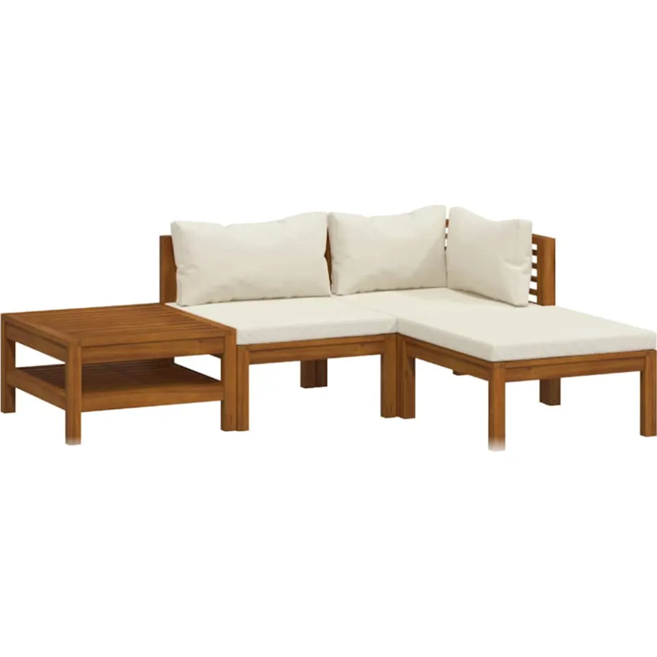 vidaXL 4-delige Loungeset met crèmekleurige kussens massief acaciahout