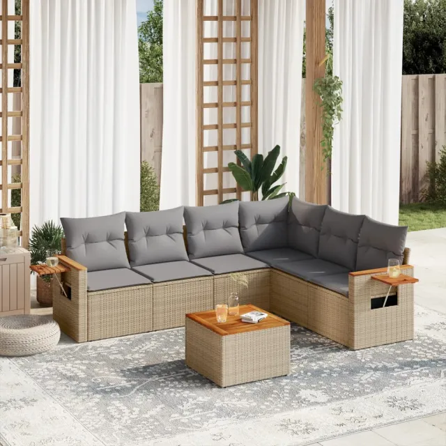 vidaXL 7-delige Loungeset met kussens poly rattan beige, foto 2