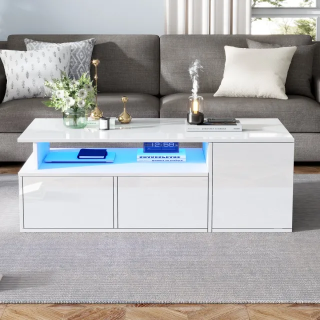 Merax 100x50x35 cm salontafel met LED-verlichting - woonkamer salontafel - sofa tafel met lade - koffietafel met opbergruimte - wit