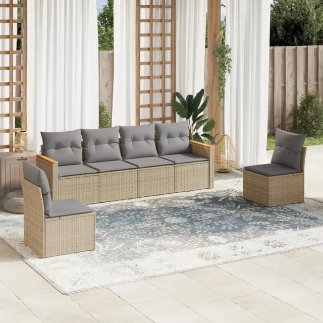 vidaXL 6-delige Loungeset met kussens poly rattan gemengd beige, foto 2