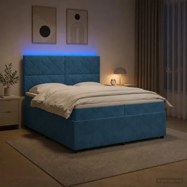 vidaXL LED Boxspring Bed met Matras Blauw 200 x 200 cm Fluweel
