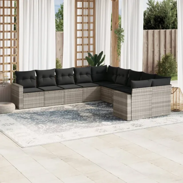 vidaXL 10-delige Loungeset met kussens poly rattan lichtgrijs grijs, foto 2