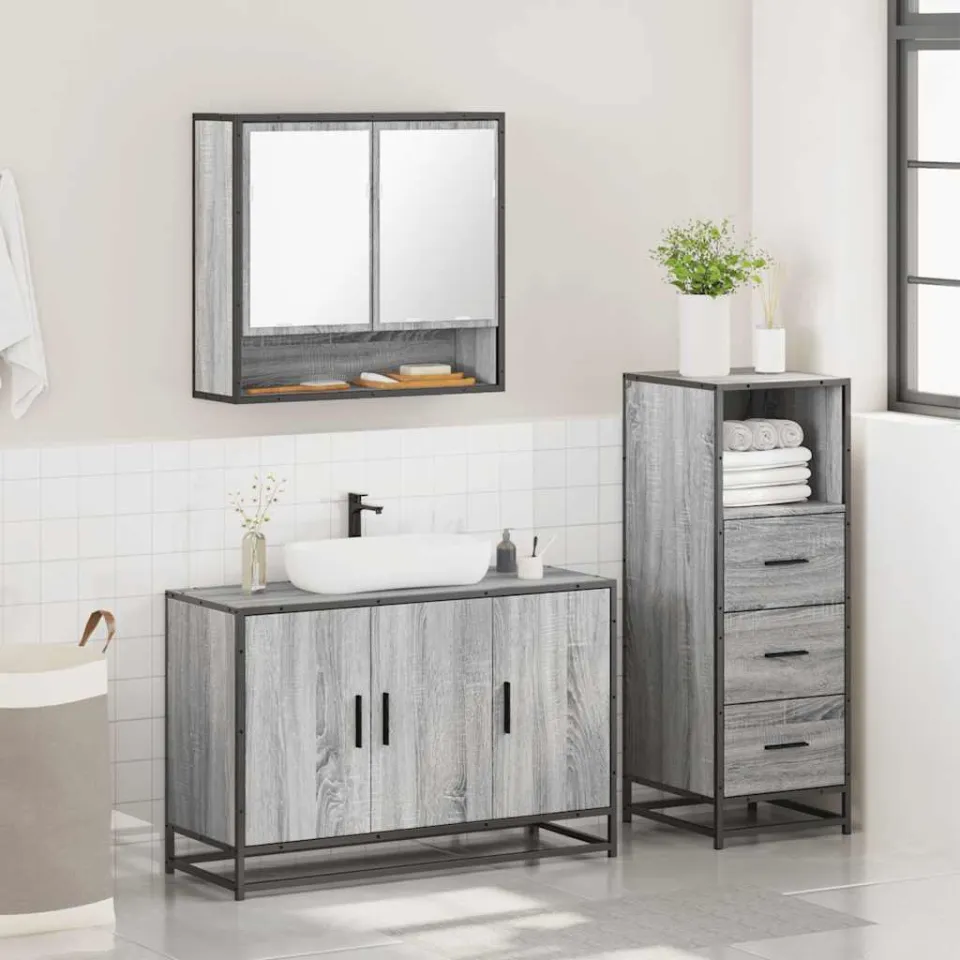 vidaXL 3-delige Badkamermeubelset bewerkt hout grijs sonoma eikenkleur, foto 4
