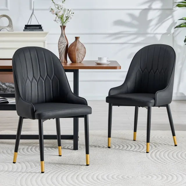 OKWISH Eetkamerstoel – Set Van 2 Met Armleuning En Gestikte Rugleuning – Kunstleer En Metalen Poten – Voor Eetkamer Of Keuken – Zwart Black