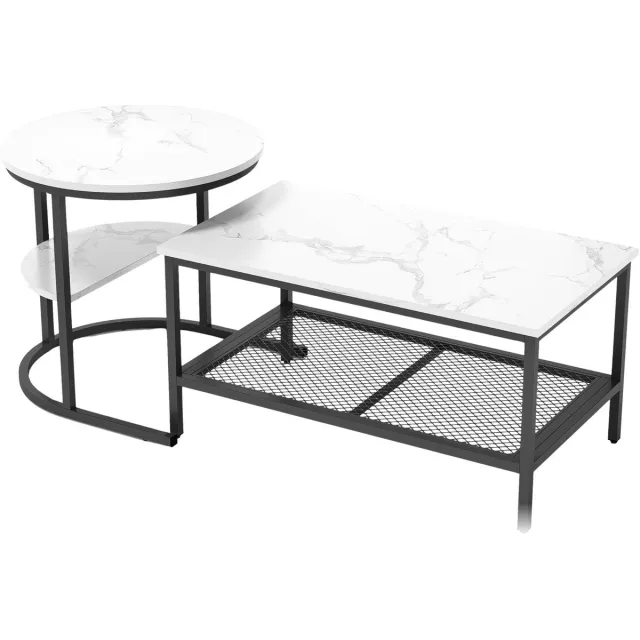 Happiq Salontafel Set 2 Zwart - Delig, Ronde Ovale Bijzettafels - Metalen Frame met Tafelblad in Zwarte - Modern, Nestbaar Design met Opbergruimte Black and White
