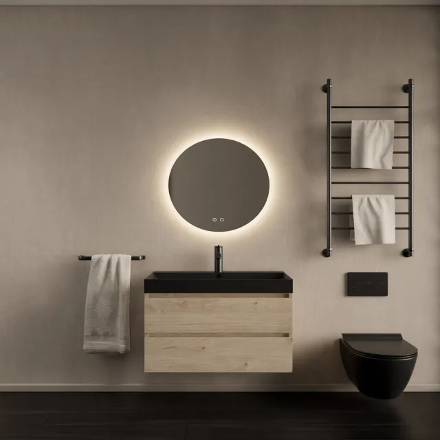 Gliss Design Badkamermeubelset Gliss Design Milan Met Lako Mat Zwarte Wastafel 60 Cm Kastanje Eiken