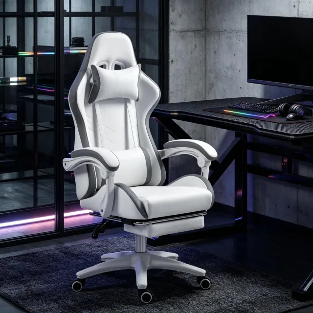 DESMIU Gamingstoel 65 x 65 x 121-129 cm - Rugleuning Tot 135 Graden en Voetsteun - Voor Kantoor en Speelruimte - Polyurethaan - Wit en Grijs