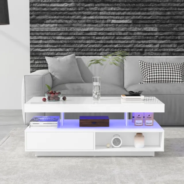 MODFU Salontafel 95×50×42,5 cm – Hoogglans wit met 4 glazen planken – 2 lades & 2 open vakken – LED-verlichting met app – Opbergruimte – Moderne woonkamer tafel – MDF & glas – Wit