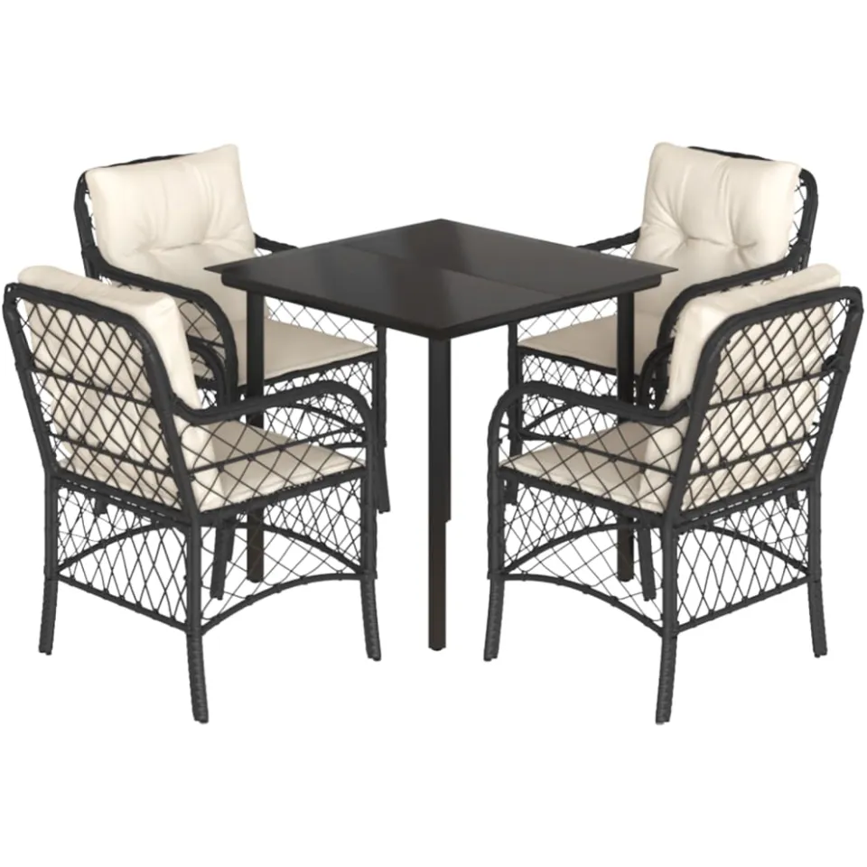 vidaXL 5-delige Tuinset met kussens poly rattan zwart