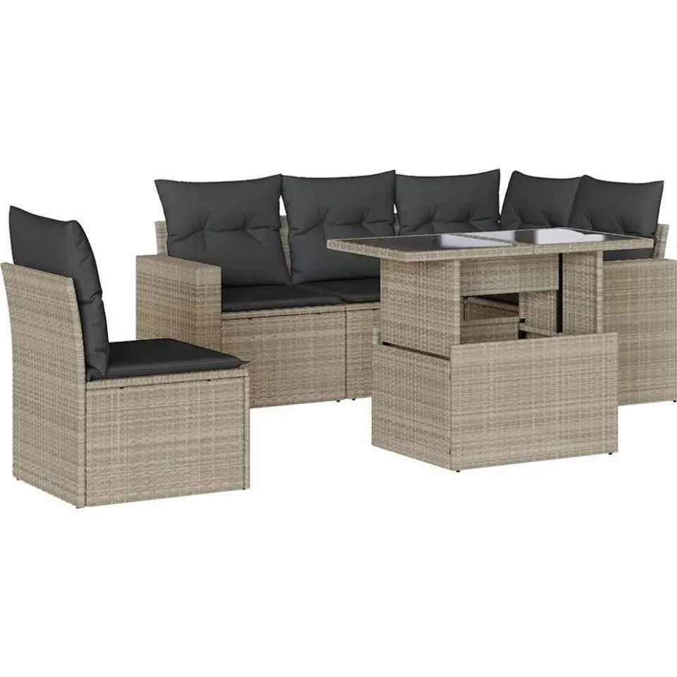 vidaXL 6-delige Loungeset met kussens poly rattan lichtgrijs grijs, foto 3