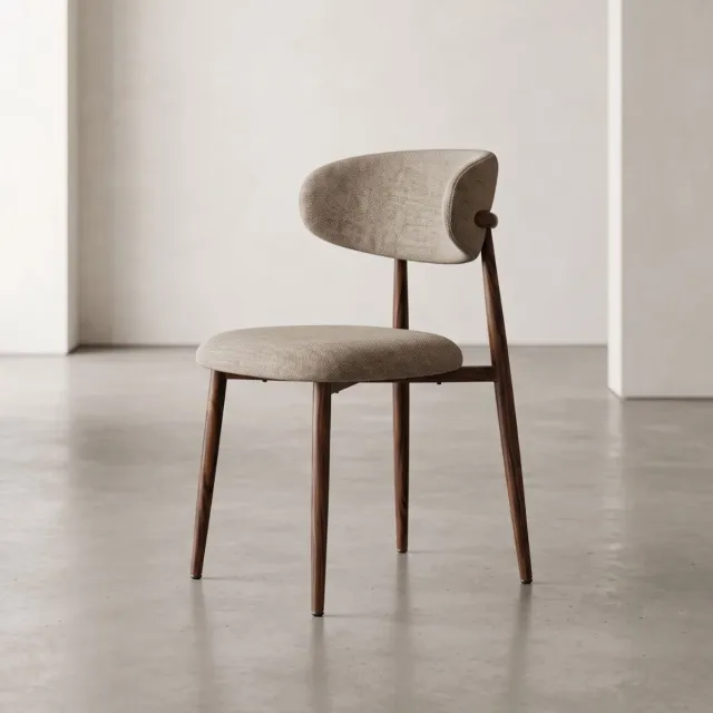 HUUS Eetkamerstoel Japandi - Taupe Stoffering - Walnoot Look - Metalen Onderstel Bruin