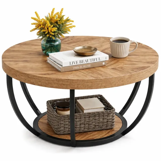 House of Balance Salontafel rond - Koffietafel - Woonkamer Tafel - Bijzettafel - 2 Laags - Industrieel - 80 Ø Cm Bruin