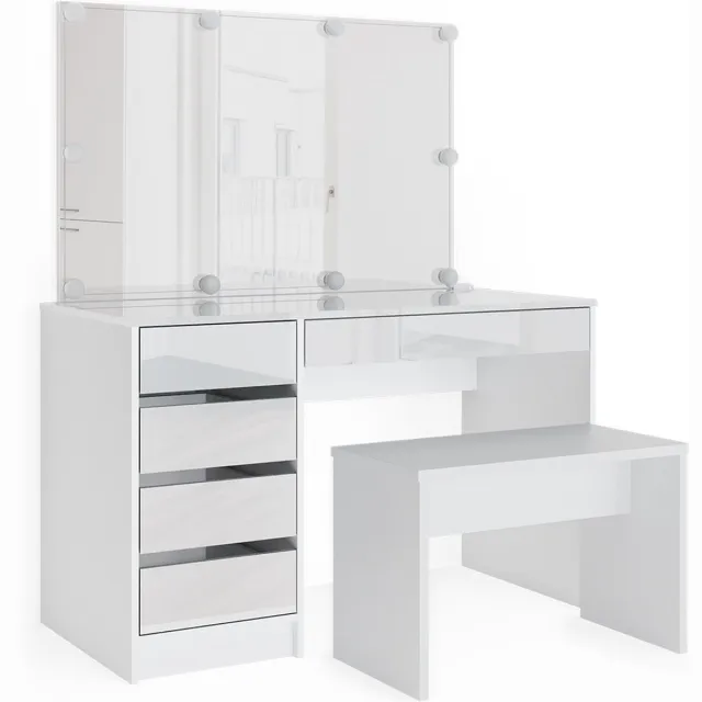 Vicco Kaptafel set met kruk Sherry, Wit, 120 cm met spiegel, LED-lichtslinger en bank