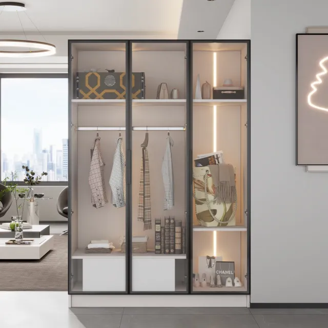 MEUNIQ kledingkast 110 x 50 x 160 cm met 3 glazen deuren, 1 lade, kledingstang en LED-verlichting, witte opbergkast voor slaapkamer of kleedruimte