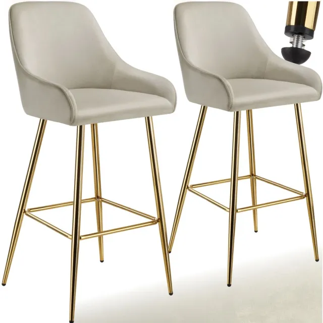 Tectake Set van 2 Barkrukken Avane - Gestoffeerde Barkruk met rugleuning - Barstoelen - Ergonomische Barstoel met voetensteun - Eetkamerstoel met fluweellook bekleding - Stevige stalen poten met antislip vloerbescherming - Crème/Goud