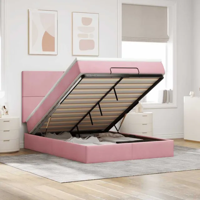 vidaXL Ottoman bed met matrassen en LED's 140x190cm fluweel roze