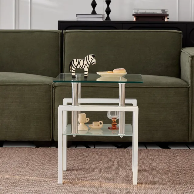 HAUSS SPOLE Set Van 2 Bijzettafels - Transparant Gehard Glas Met Twee Niveaus - Voor Woonkamer En Slaapkamer - Wit Frame - 50,5x50,5x23 Cm