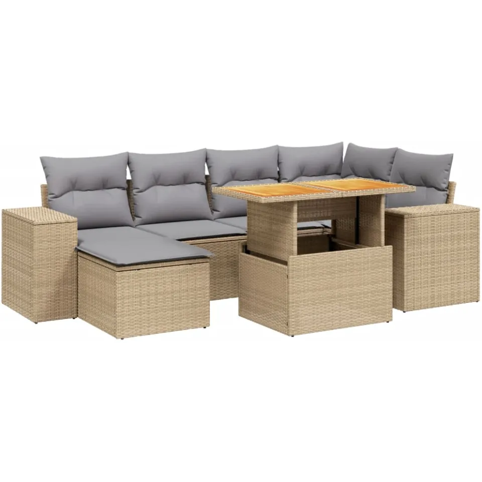 vidaXL 7-delige Loungeset met kussens poly rattan beige