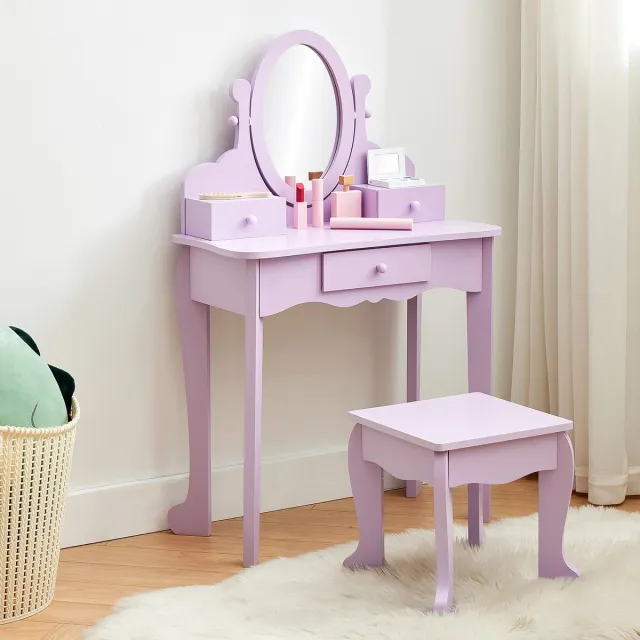 HOERFURIY Kinderkaptafel set met spiegel en kruk - houten kaptafel voor meisjes speelgoed - paars