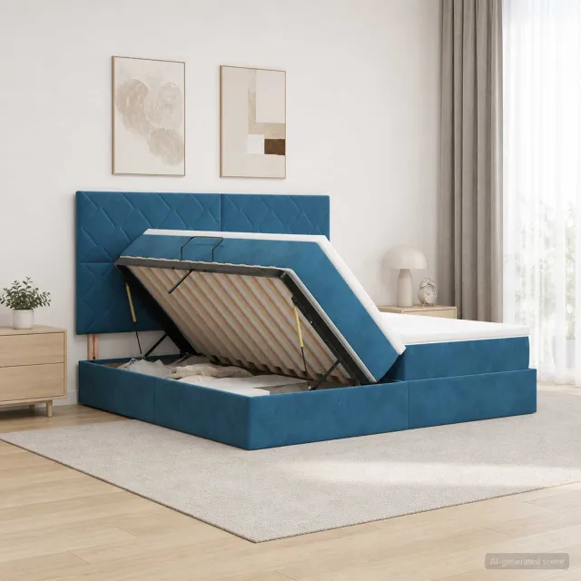 vidaXL LED Opslagbed met Matras Donkerblauw 200 x 200 cm Fluweel