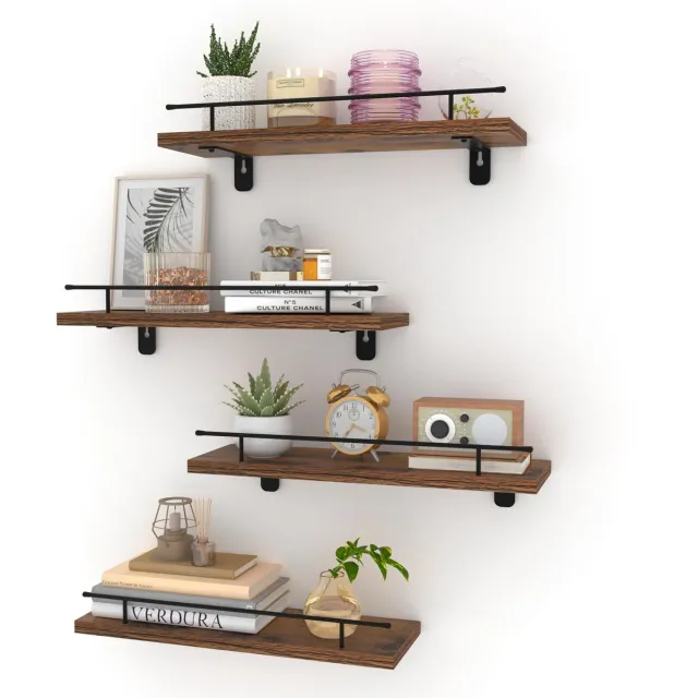 Unyqoos ® Stijlvolle Set van 4 Zwevende Wandplanken met Metalen Staven voor Diverse Ruimtes zwart