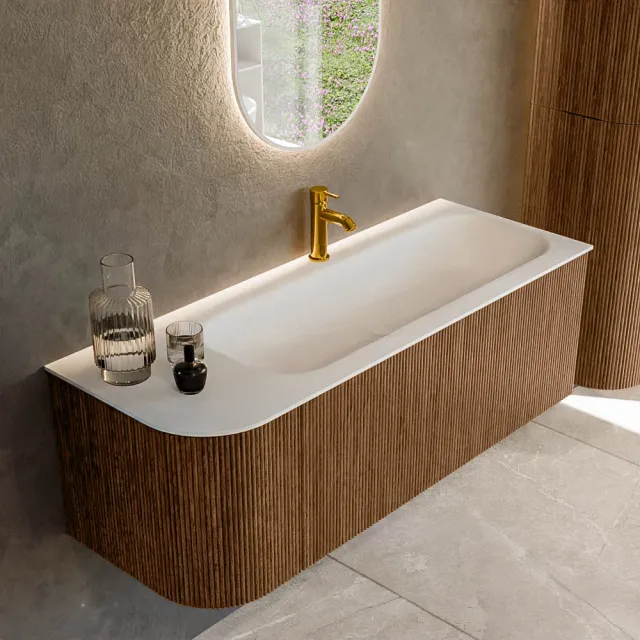 Mondiaz KURVE 125 cm Onderkast Greeploos 1 Lade Met Deuren Walnut, Wastafel Solid Surface Rechts Talc 1 Kraangat Zonder Spiegel (KRVBGM125L1L1D1KR-Wal/Tal)