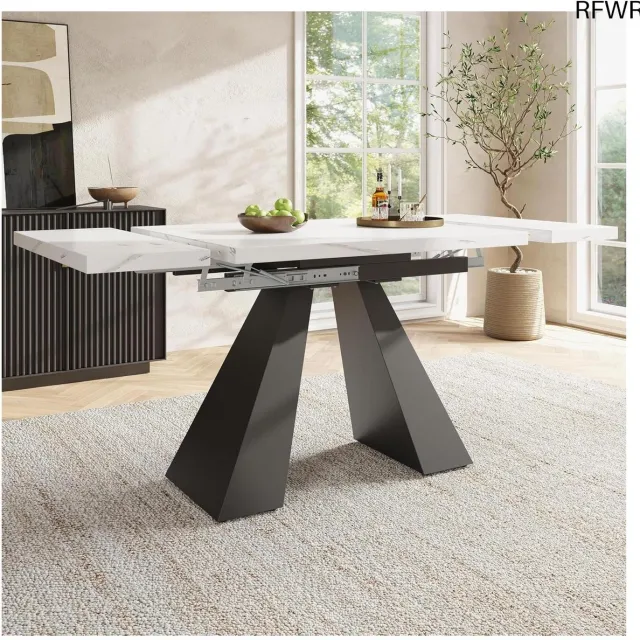 RFWR Uittrekbare Eettafel Modern Design – Keukentafel met Marmeren Blad en Zuilpoten, Zwart/Wit, 99-159 x 74 cm wit zwart