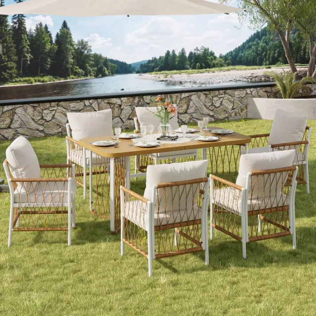 MODFU Tuinmeubelset - 1 Tafel En 6 Stoelen - Met Kussens - Voor Terras - Metaal En Polyester - Beige Bruin Naturel Beige, Bruin, Natuurlijk