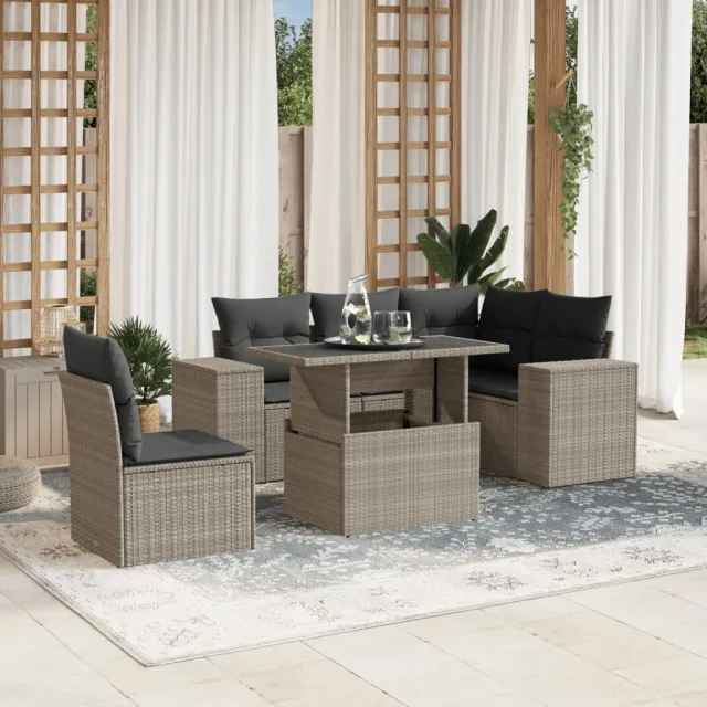 vidaXL 6-delige Loungeset met kussens poly rattan lichtgrijs grijs, foto 2