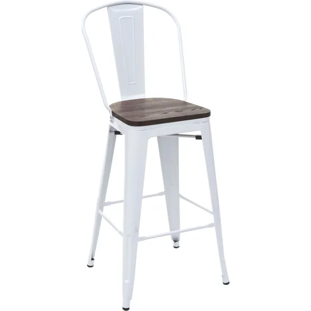 MCW Barkruk MCW-A73 incl. houten zitting, barkruk met rugleuning, metalen industrieel ontwerp ~ wit