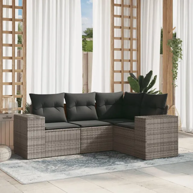vidaXL 4-delige Loungeset met kussens poly rattan grijs, foto 2